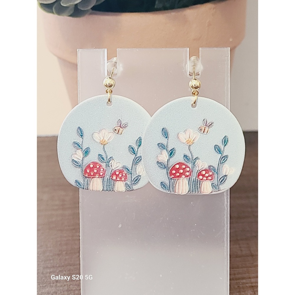 Blue Mushroom and Wildflower Polymer Clay Drop Earrings Gold Tone Post‎ Backs